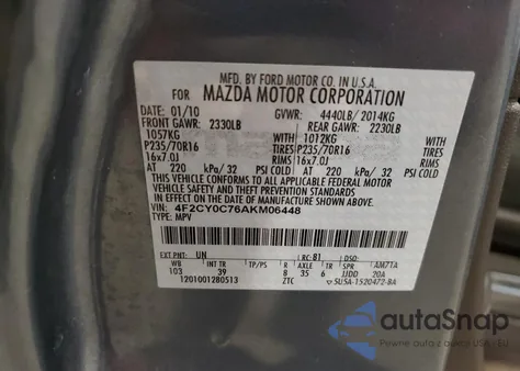 2010 Mazda Tribute I z USA, uszkodzony, nr VIN 4F2CY0C76AKM06448